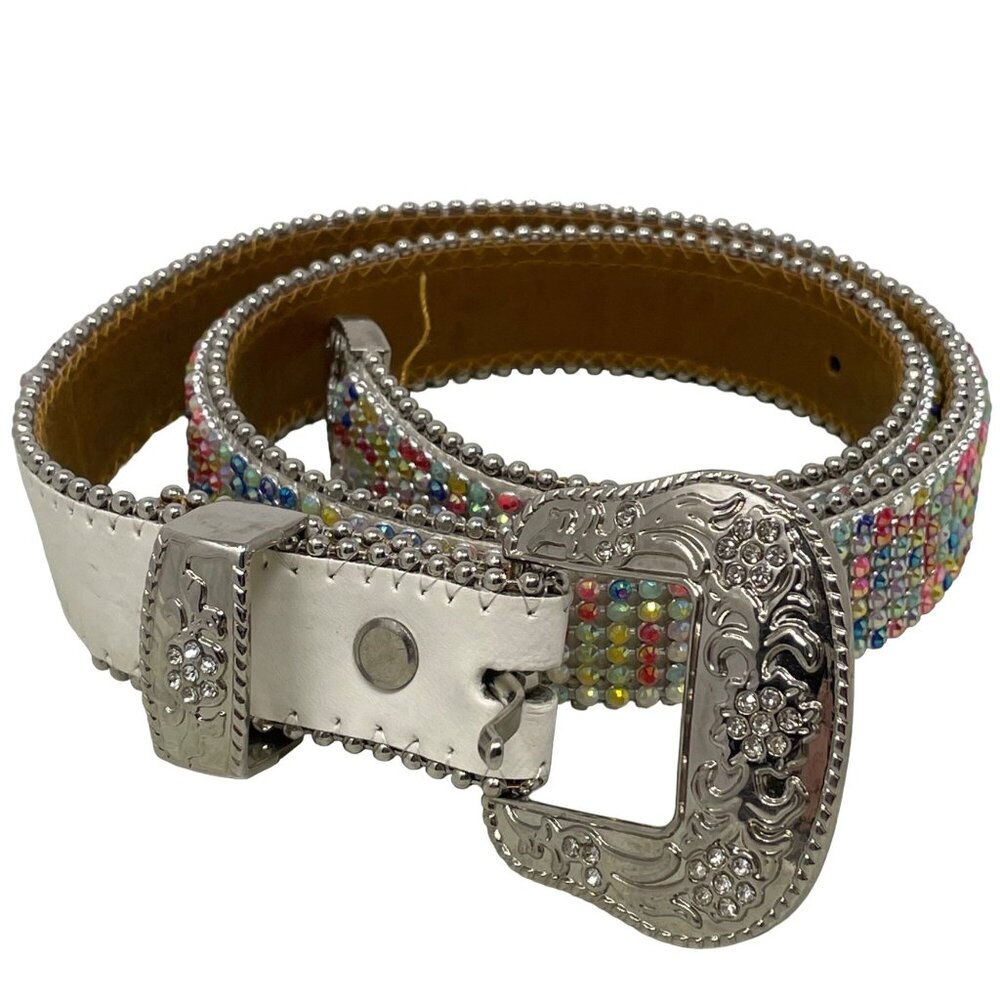 Rhinestones Western Belt Adjustable Buckle Silver Tone Hardware Size XL Cowgirl